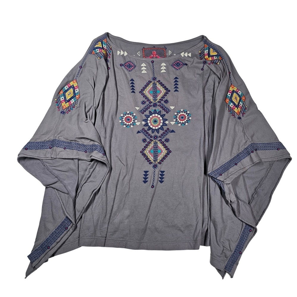 JW‎ Los Angeles Johnny Was Gray Embroidered Kimono Sleeve Boho Top XS